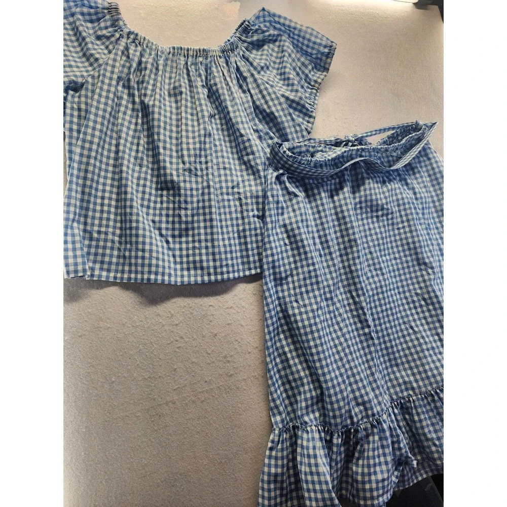 Blue Gingham 2x Vintage Two Piece Set Off‎ Shoulder Top and Ruffle Midi Skirt